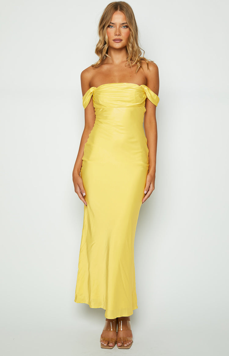 Shop Formal Dress - Ella Light Yellow Off Shoulder Formal Maxi Dress third image