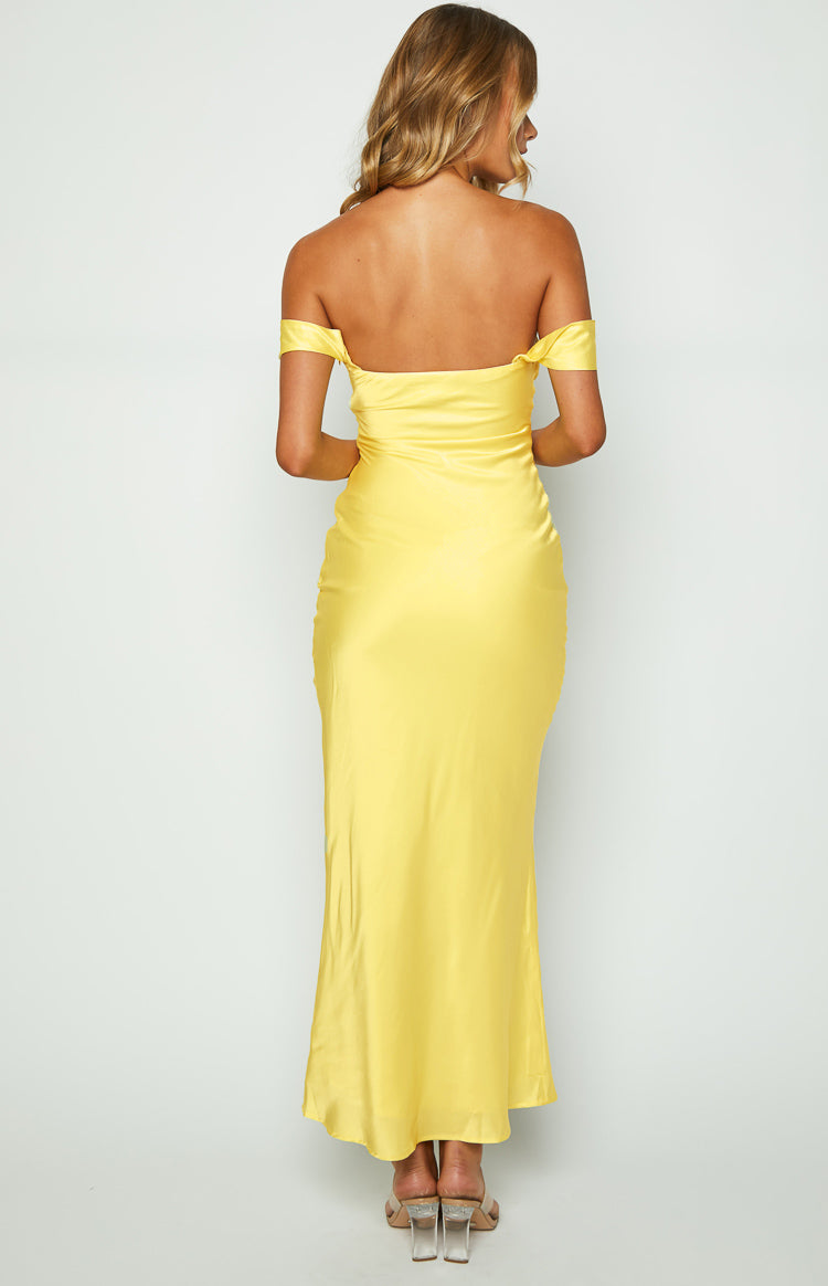 Shop Formal Dress - Ella Light Yellow Off Shoulder Formal Maxi Dress sixth image