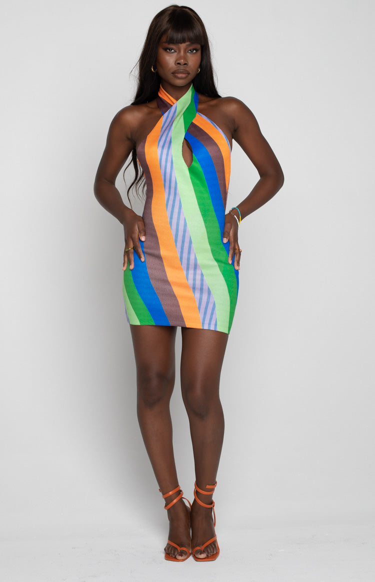 Front view of a multi-striped mini dress with a criss-cross halter neckline and keyhole cutout