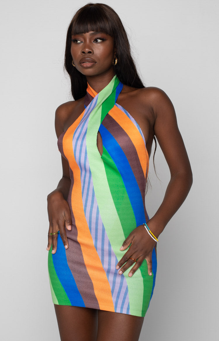 Close-up of the multi-coloured striped knit halter dress with a criss-cross neckline and front keyhole