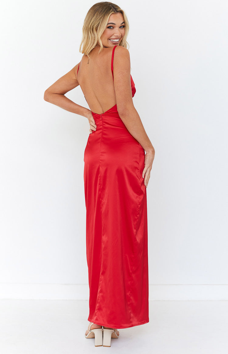 Rear-side view of a red satin maxi dress with a low scoop back and thin spaghetti straps