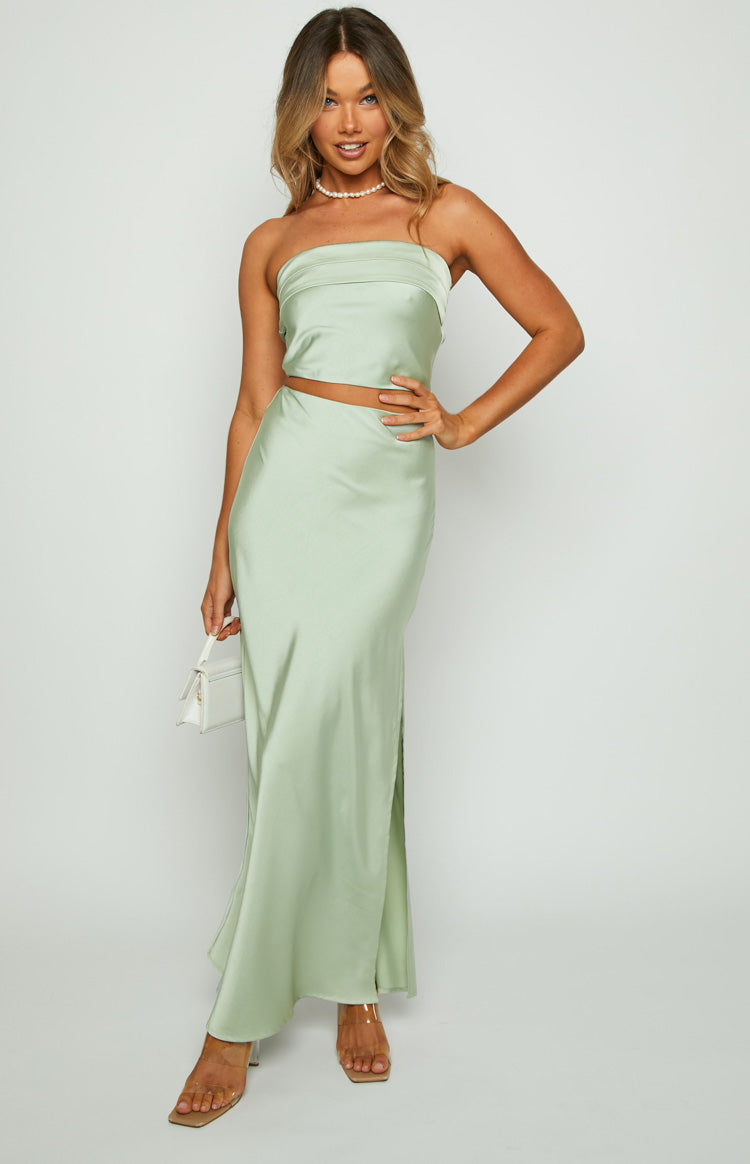 Full-length view of the sage green satin strapless crop top, featuring a straight neckline and cropped hem