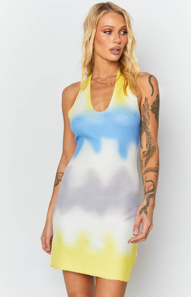 Yellow blue white and grey tie-dye knitted mini dress with a deep V-neck halter
