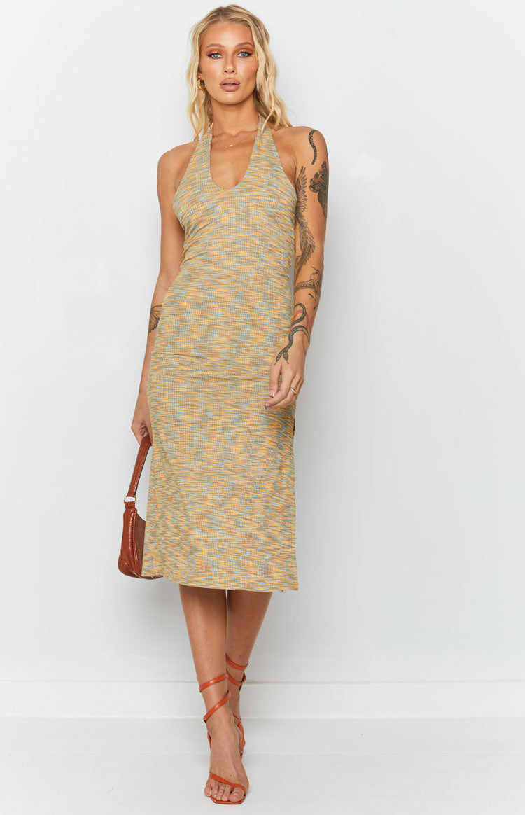 Deep V-neck halter multi-coloured spacedye ribbed knit midi dress with a fitted silhouette and side slit