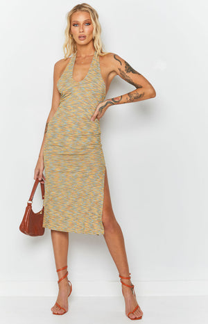 Multi-coloured Indi Spacedye Midi Dress with a halter V-neck, ribbed knit, bodycon fit, and side split