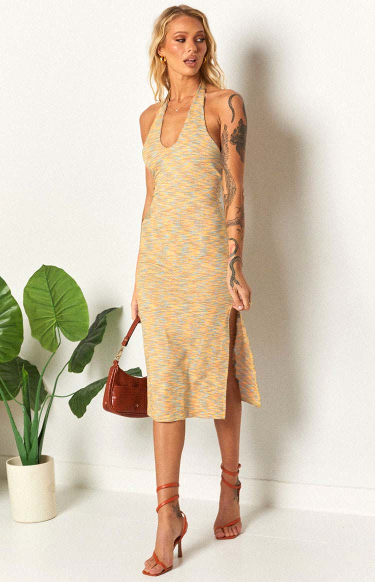 Halter neck spacedye midi dress in yellow and blue knit with a side split