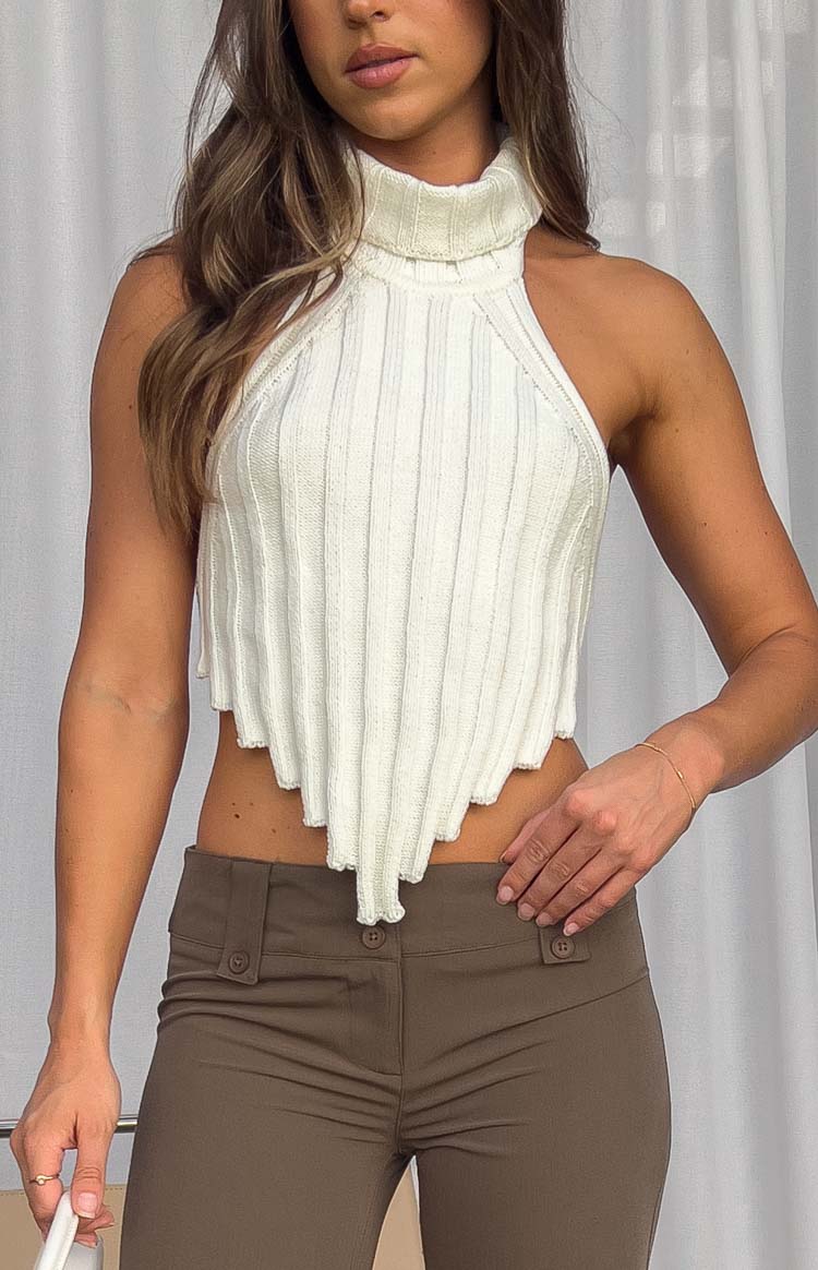 Izi White Knit High Neck Top Image