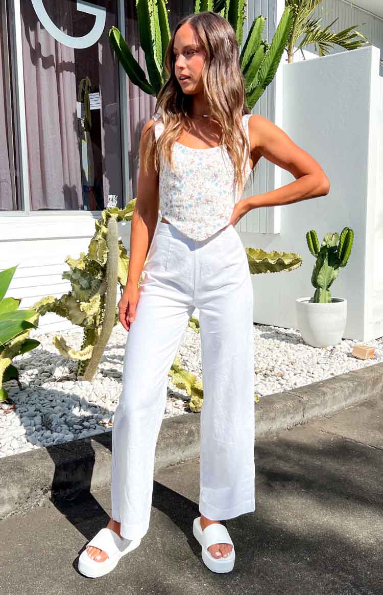 White Julian Linen Pants, high-waisted with a wide leg and visible front seams