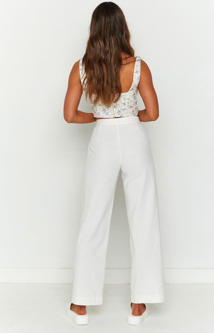 White linen high-waisted wide leg pants, full length with a smooth back
