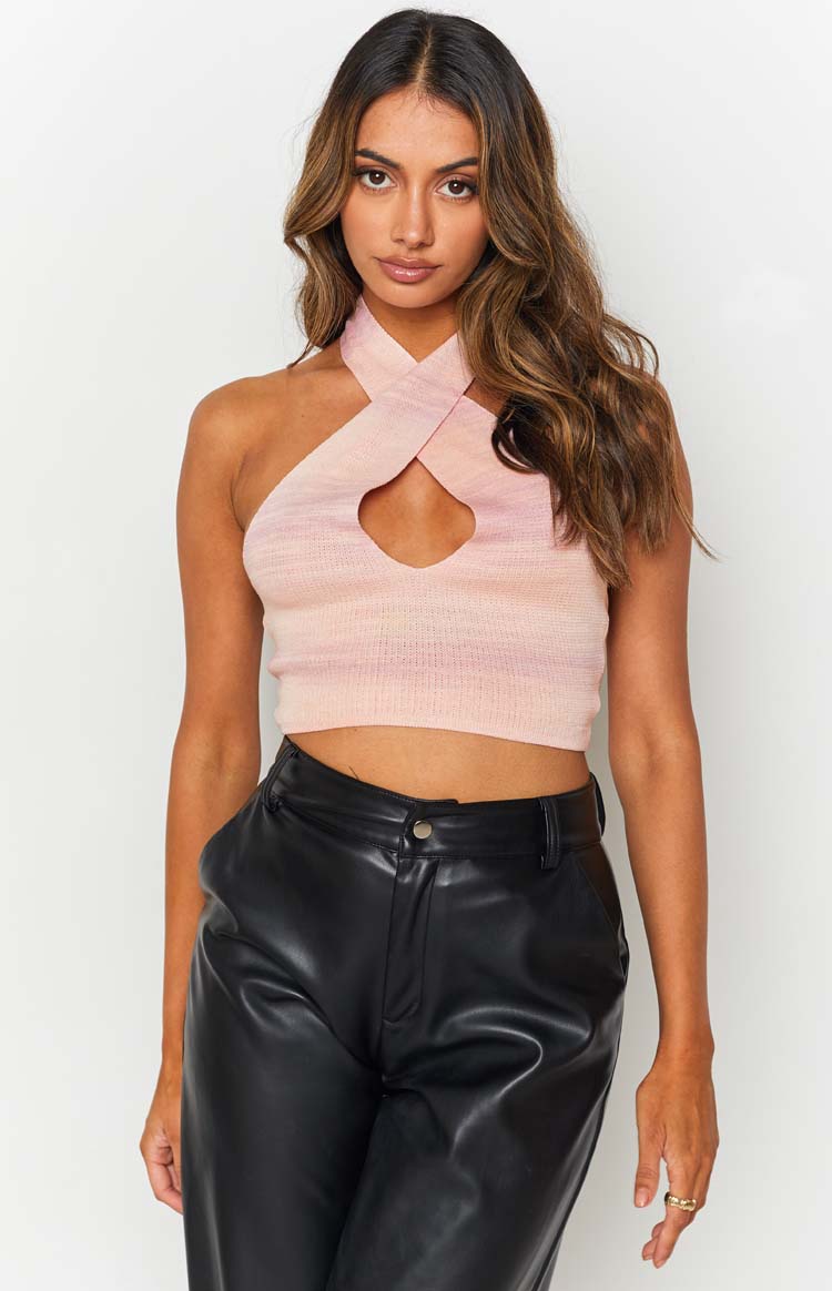Pink marled knit halter top with a criss-cross neckline and front keyhole cutout