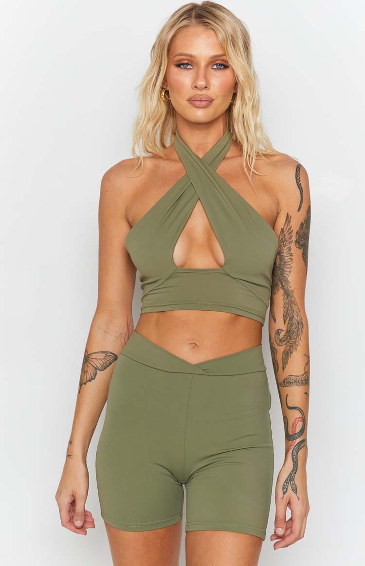 Khaki Lost City Crop Top with a criss-cross halter neckline and front keyhole cutout