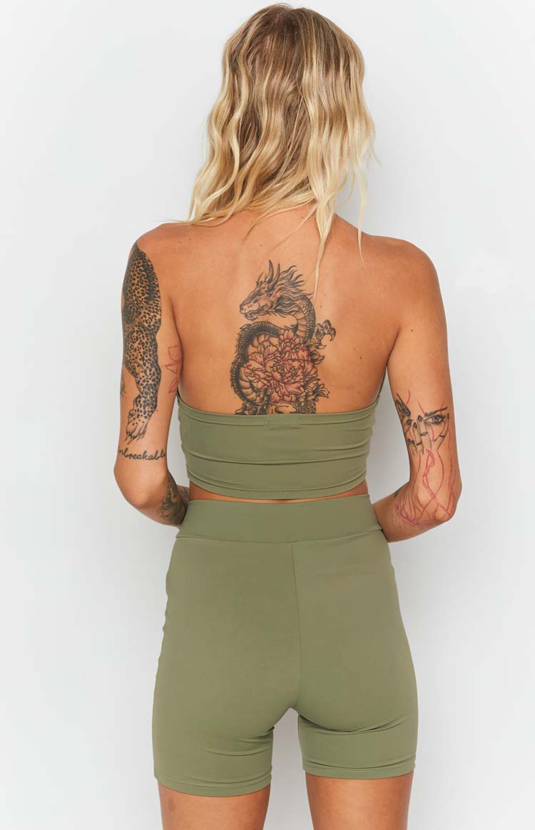 Khaki strapless bandeau crop top with a wide, smooth back hem