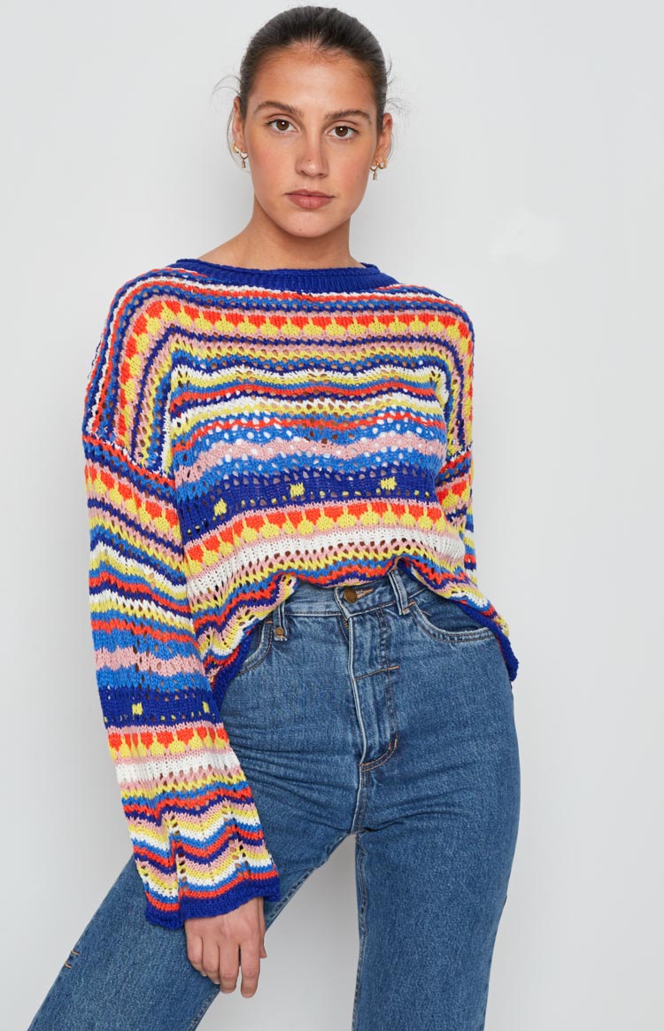 Multi-colour striped open knit sweater with a crew neck, long sleeves, and varied stitch patterns