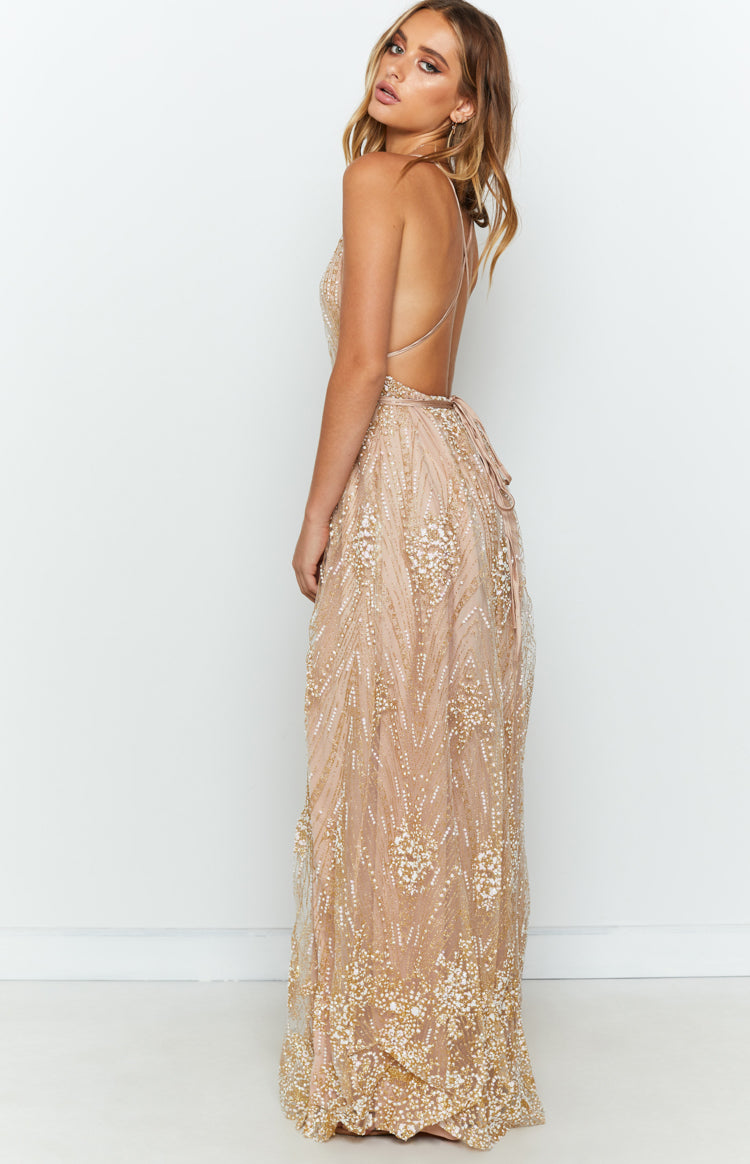 Rose gold sequin maxi dress with spaghetti straps, low open back, tie-back waist, and chevron pattern