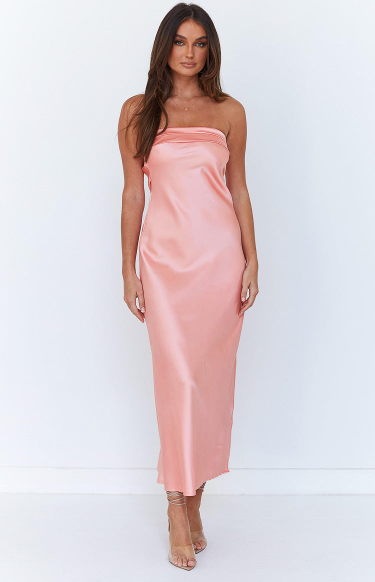Pink satin strapless maxi dress with a straight neckline and a smooth, flowing silhouette