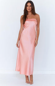 Front view of a pink satin strapless maxi dress with a folded neckline and subtle side ruching
