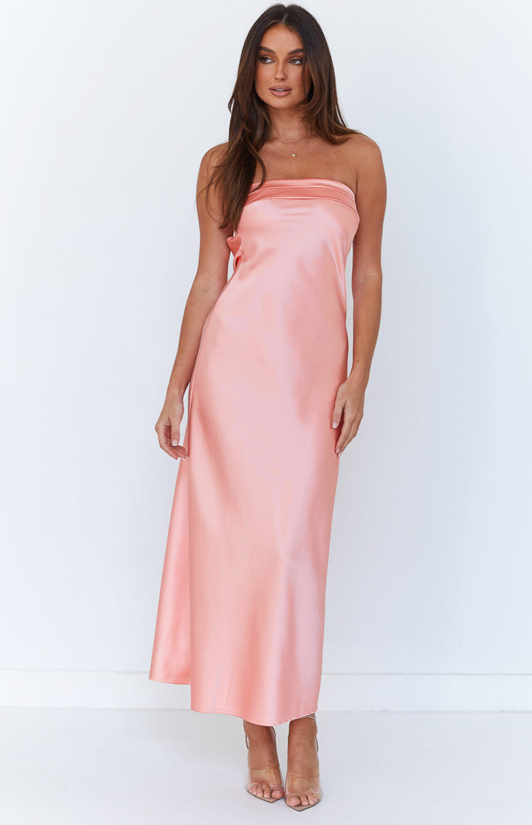 Front view of a pink satin strapless maxi dress with a folded neckline and subtle side ruching
