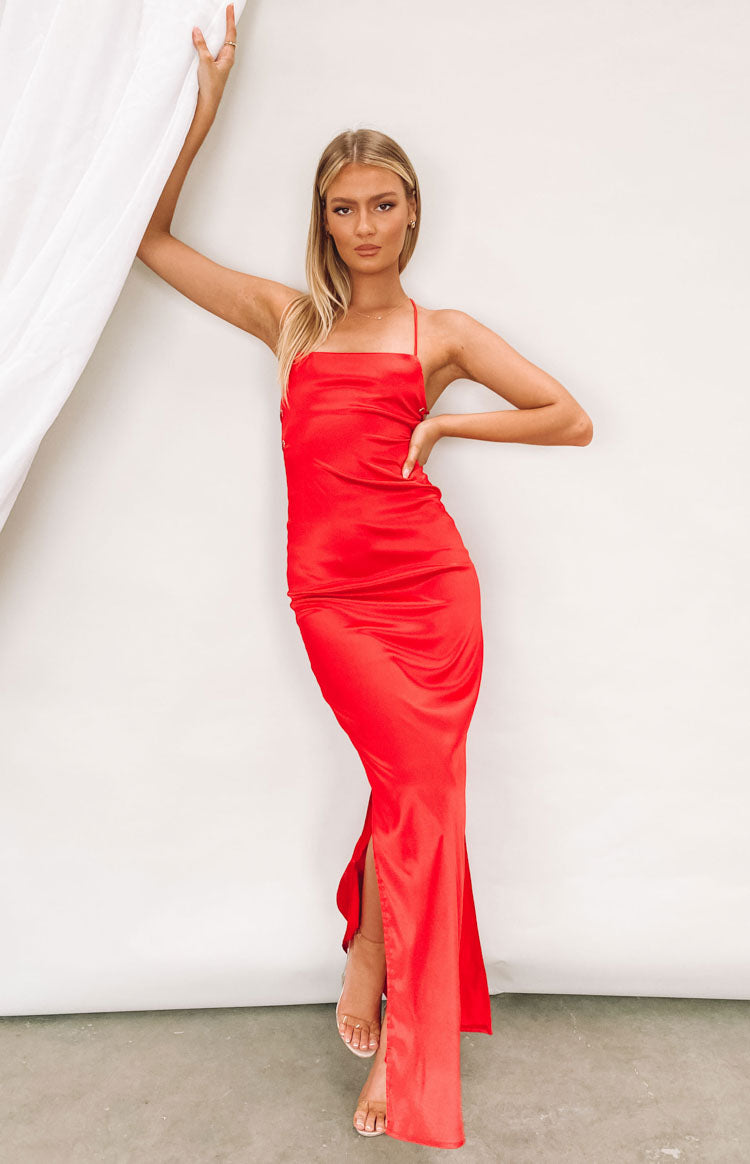 Cherry red Manhattan Slip Formal Dress with a square neckline, thin spaghetti straps, and a high side split