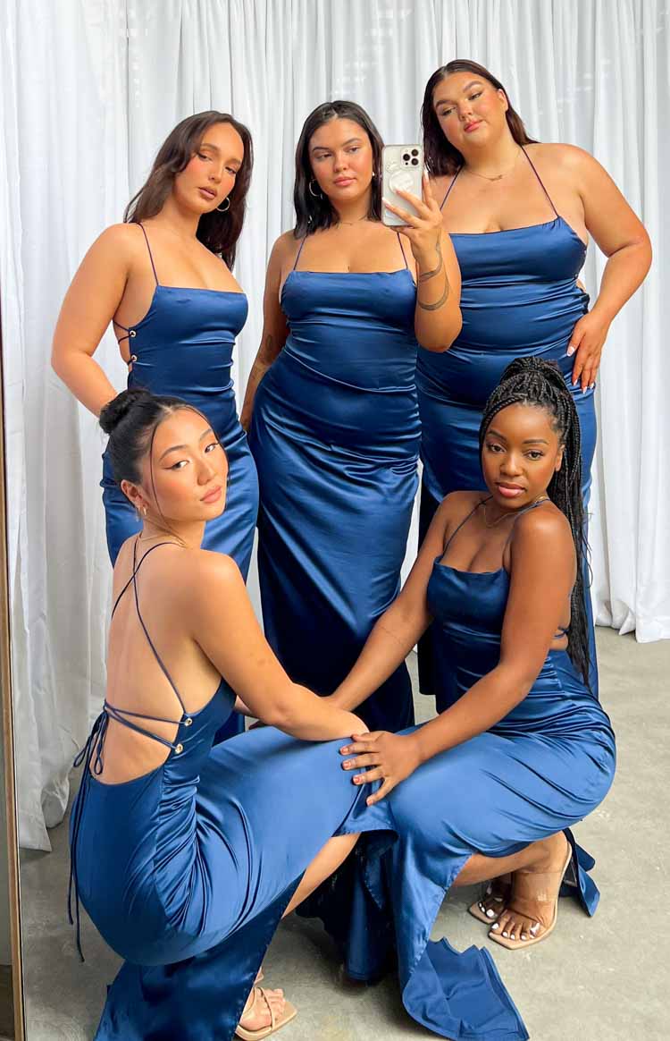 Navy satin slip dress with a cowl back and adjustable lace-up detail, square neckline, floor length