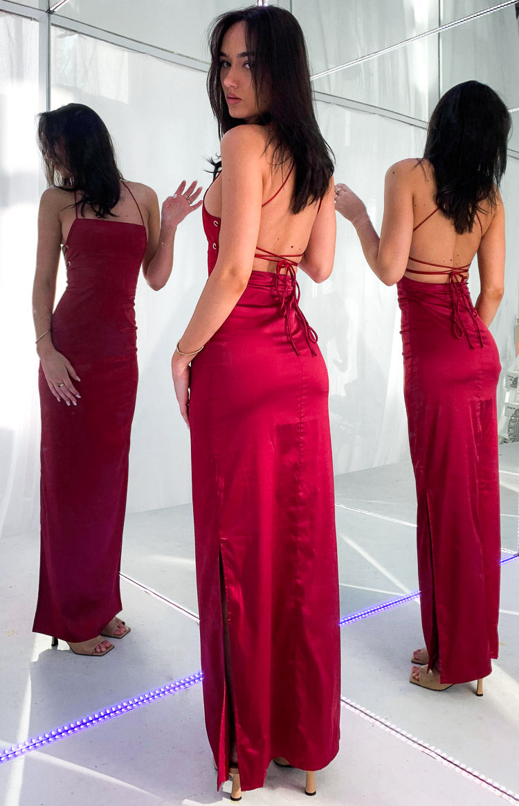 Wine Manhattan Slip Formal Dress in satin with a low criss-cross lace-up back and a high side slit