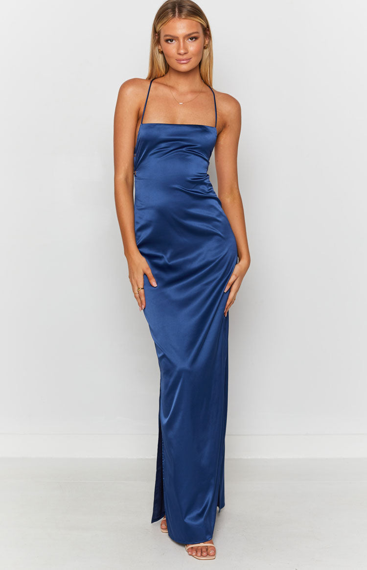 Navy satin maxi slip dress with a straight neckline and high side slit