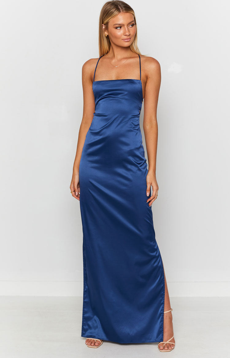 Navy formal maxi dress in satin with a square neckline, thin straps, and a high left leg split