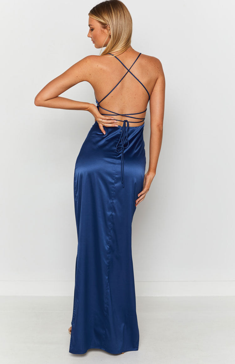 Navy satin floor-length dress with a low cowl back and thin criss-cross tie-up straps