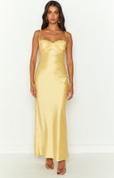 Beginning Boutique Mariana Yellow Lace Bust Midi Dress yellow satin midi dress with lace trim underwire bust and thin spaghet