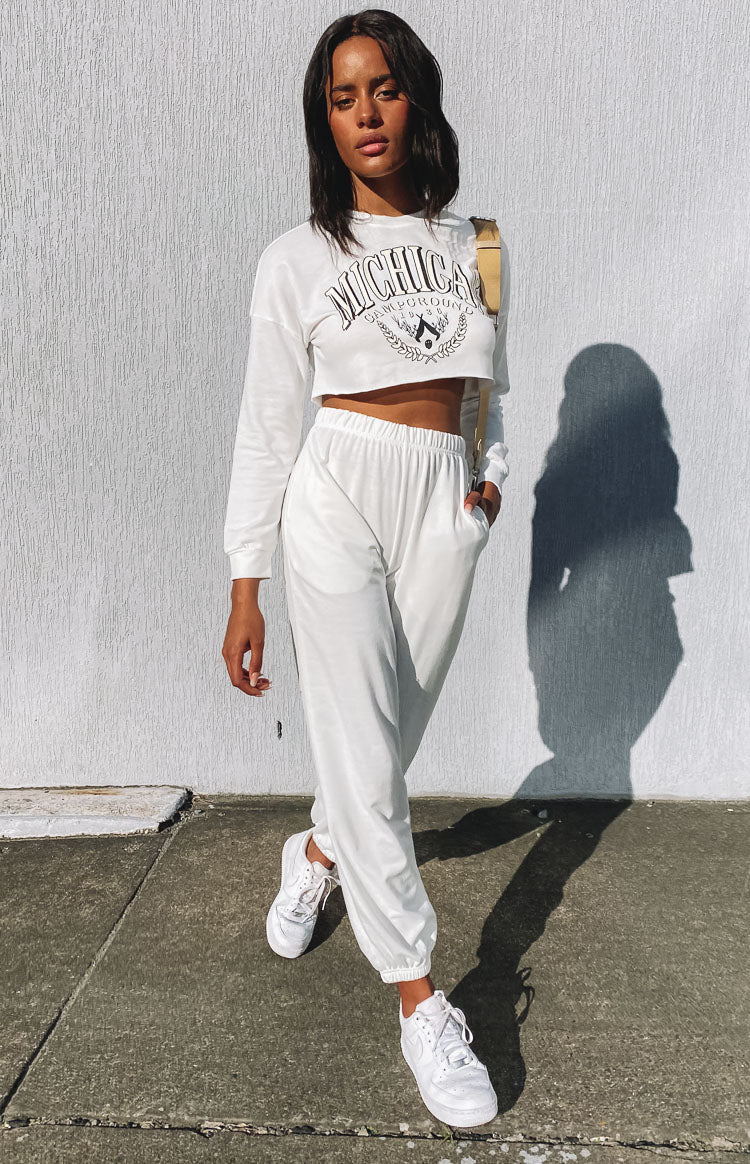 White long sleeve cropped lounge top with Michigan graphic print and matching high-waisted relaxed fit joggers