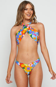 Beginning Boutique Miss America Top Floral vibrant multi-colour floral print halter neck bikini top with crossed front