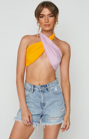 Beginning Boutique Miss America Top Orange orange and lilac two-tone halter neck wrap crop top