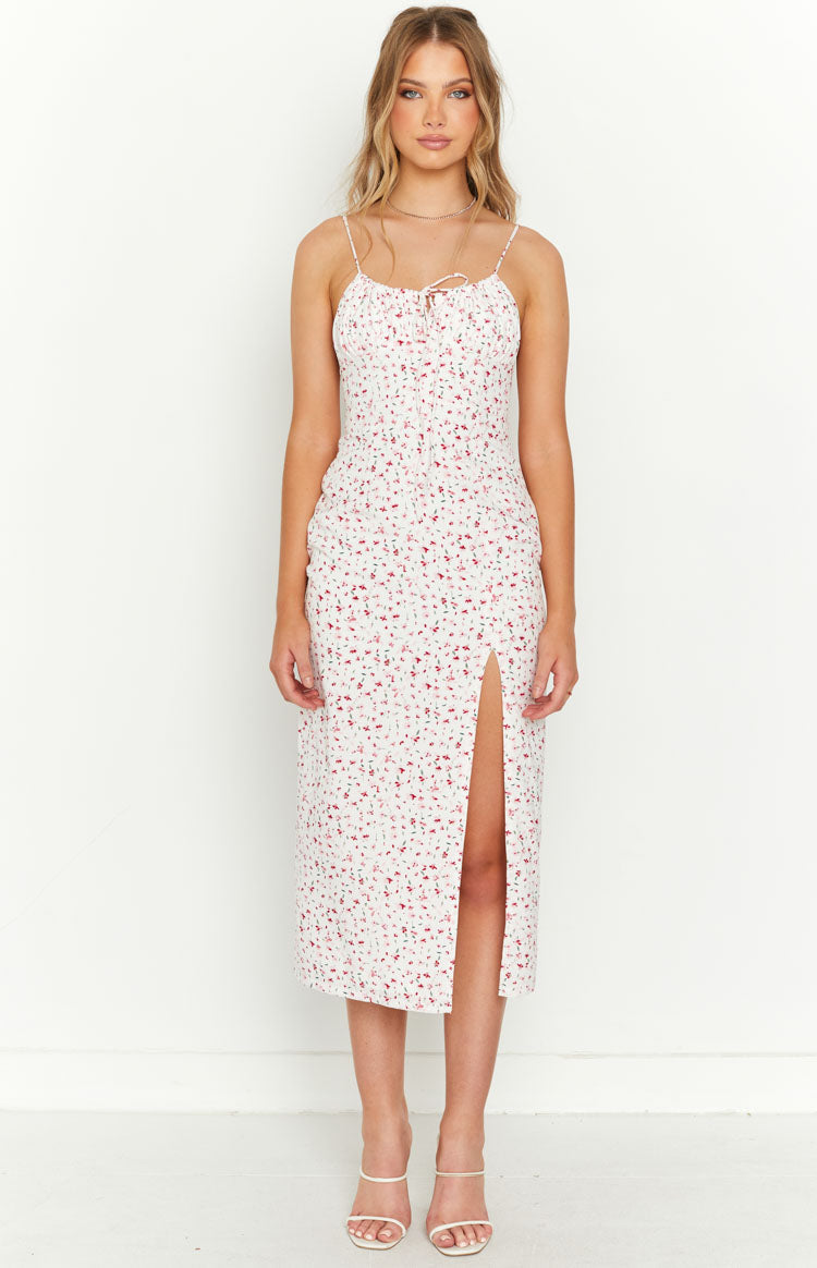 Paloma White Floral Midi Dress – Beginning Boutique