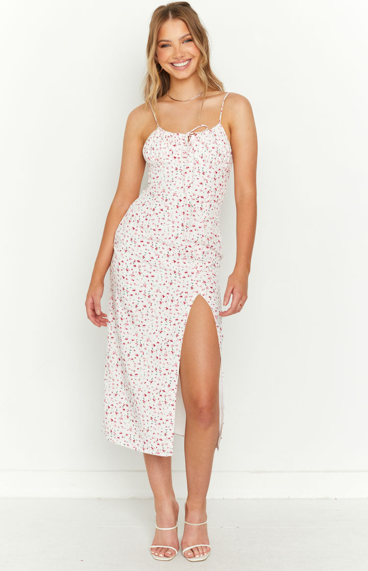 Paloma White Floral Midi Dress – Beginning Boutique