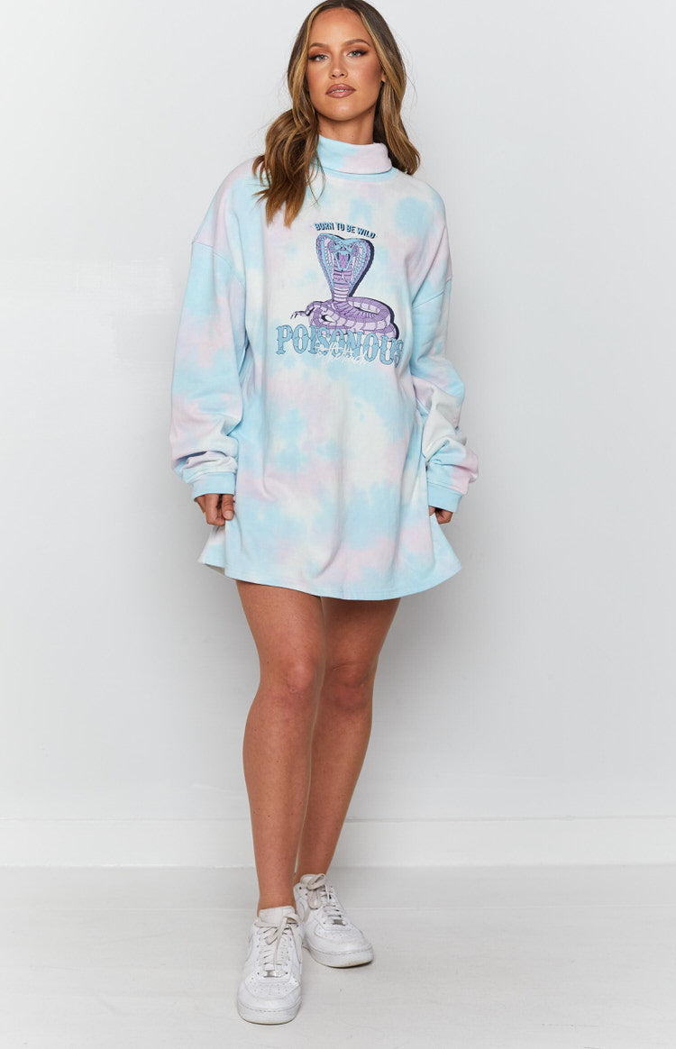 Oversized pastel tie-dye sweatshirt dress with a high neck and a purple cobra graphic