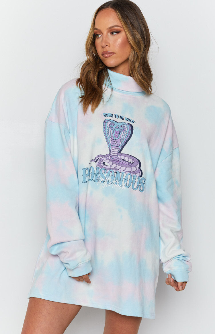 Poison Cloud pastel tie-dye All or Nothing Dress, an oversized long sleeve with a high turtleneck and cobra graphic