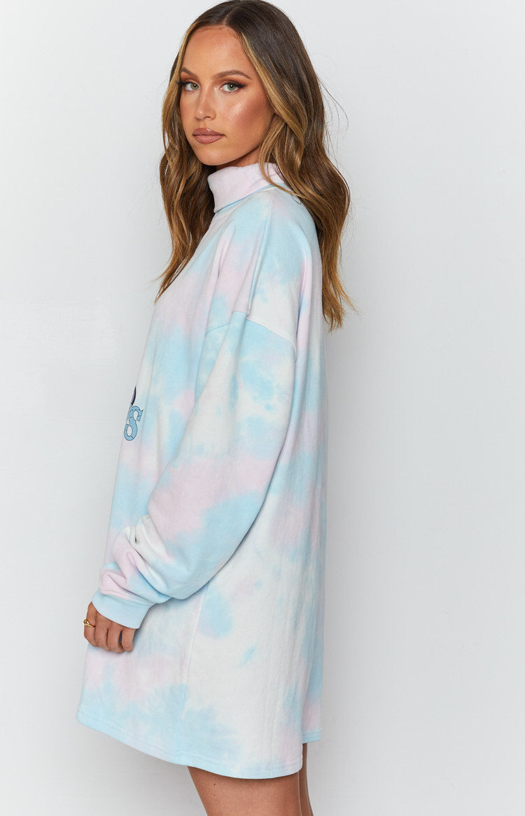 Pastel pink and blue tie-dye high neck sweater dress with long oversized sleeves and blue embroidered detail
