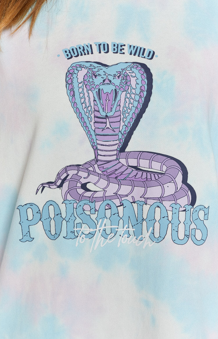 Purple and blue cobra graphic print on a light blue and white tie-dye dress, featuring 'Born to be Wild' and 'Poisonous' text