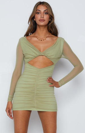 Green Raven Mesh Dress with V-neck, twisted bust, midriff cutout, sheer long sleeves, and ruched mini skirt