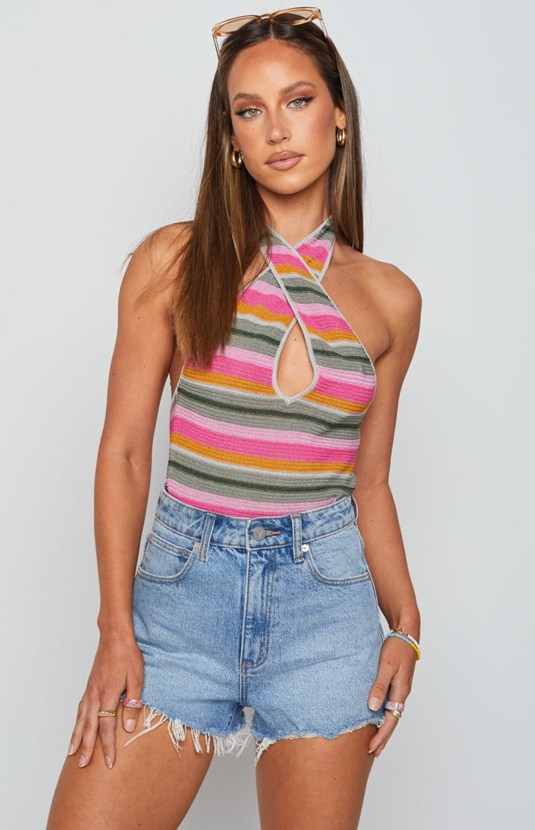 Beginning Boutique Sabre Halter Top Multi multi-coloured striped knit halter top with cross-front neckline and keyhole cutout