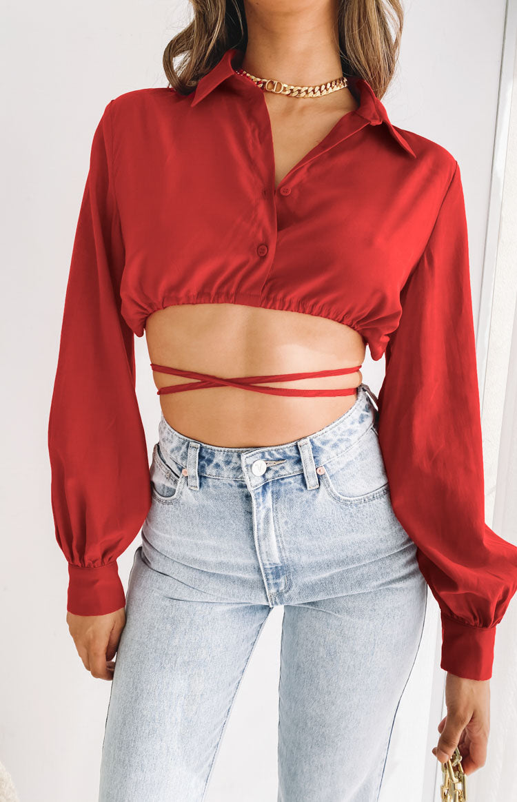Beginning Boutique Saddle Up Crop Red red collared long sleeve button-front crop top with tie waist