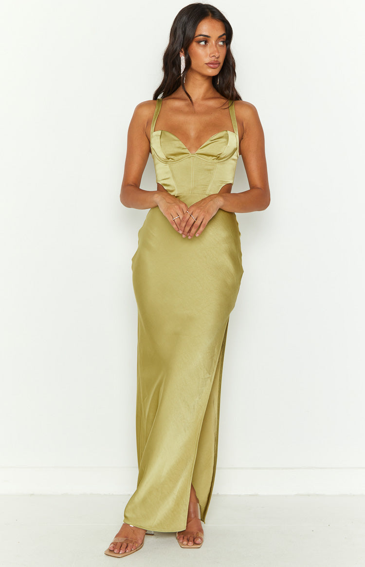Front view of a green satin maxi dress with a sweetheart corset bodice, waist cutouts, and a high leg slit