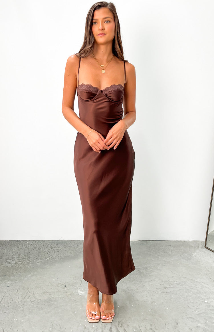 Front view of a brown satin maxi dress with a sweetheart neckline, lace trim, and spaghetti straps