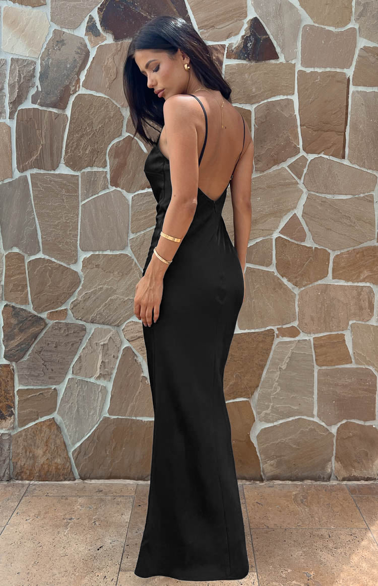 Sloan Black Satin Formal Maxi Dress Image