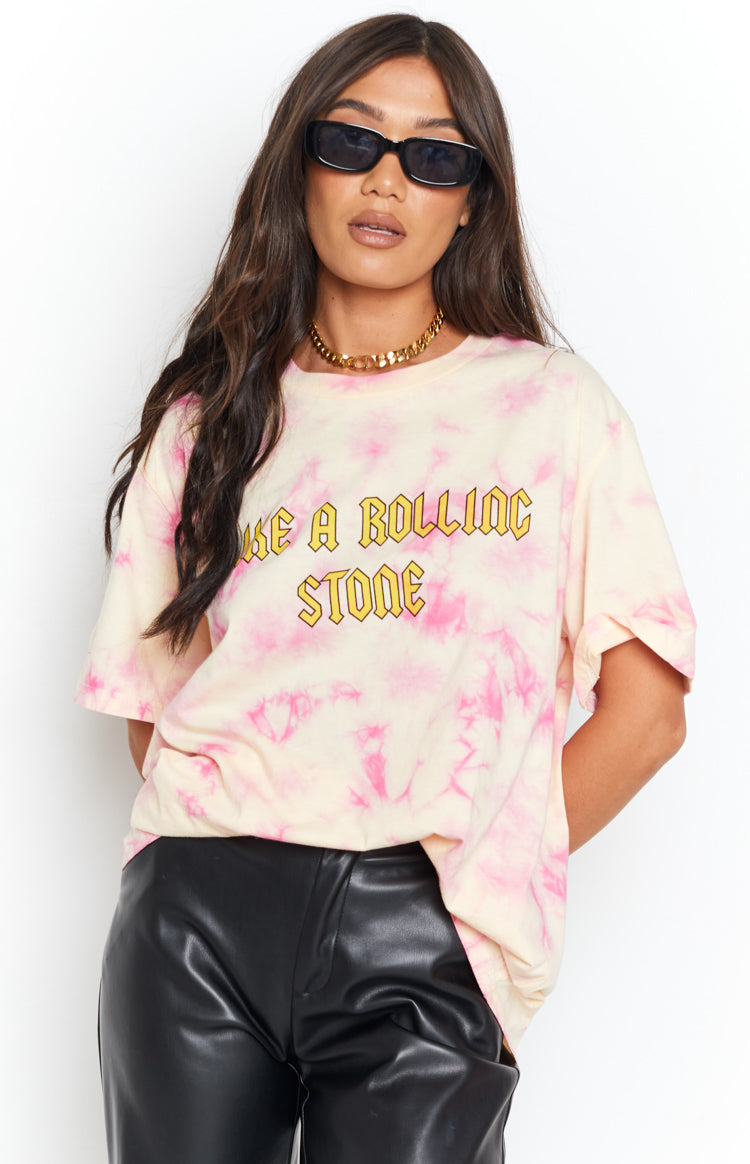 Pink and cream tie-dye t-shirt with "LIKE A ROLLING STONE" graphic print and crew neck