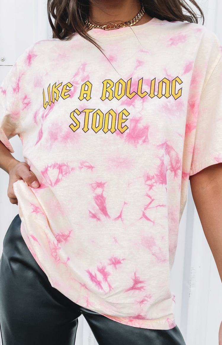Pink and cream tie-dye t-shirt with 'LIKE A ROLLING STONE' text in yellow, relaxed fit, short sleeves