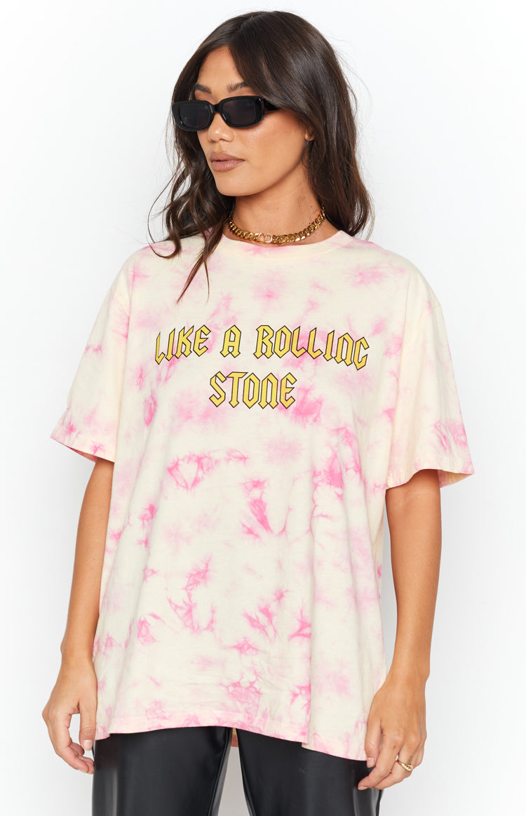 Pink and cream tie-dye Stones Tee with yellow 'LIKE A ROLLING STONE' text, crew neck, short sleeves