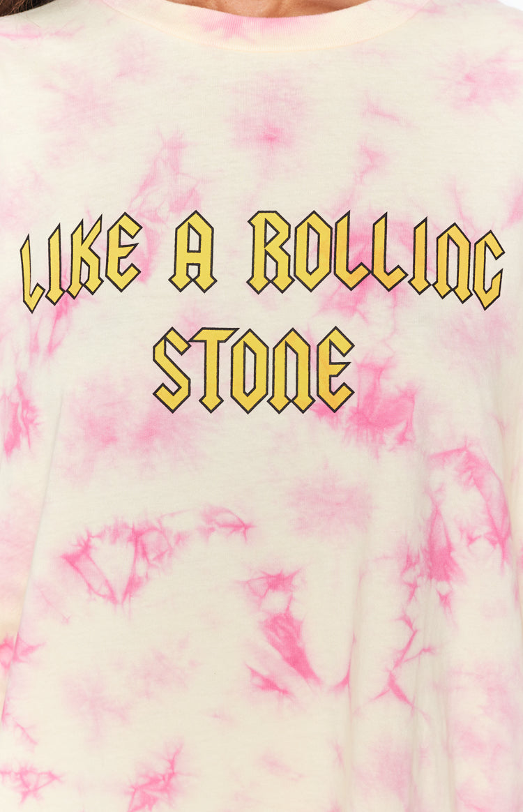 Cream and pink tie-dye cotton t-shirt with yellow 'LIKE A ROLLING STONE' graphic