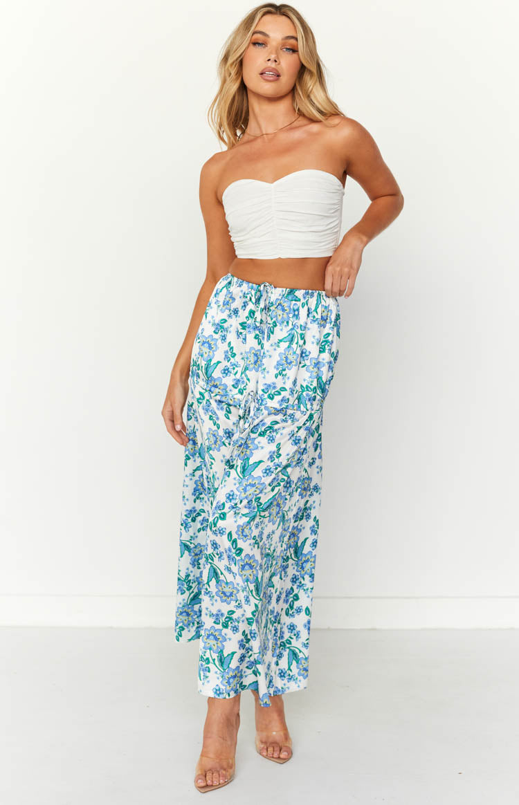 Sweet Satin Blue Floral Maxi Skirt BB Exclusive