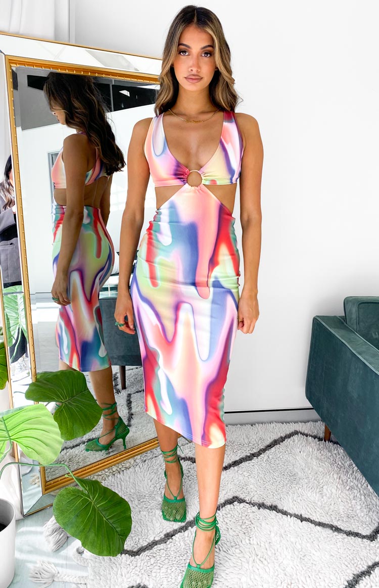 Multi-colour swirl print midi dress with V-neck, gold O-ring detail, and side cutouts
