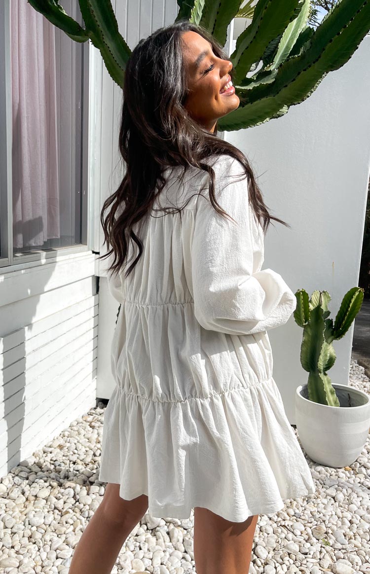 casual white dress long sleeve 100% Cotton Mini Shirt - All Dress with its combination of timeless charm and contemporary allure Theodossia Tiered Long Sleeve Dress